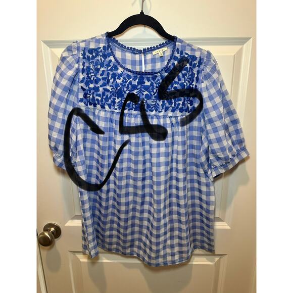 Jodifl Gingham Embroidered Peplum Blouse Cottagecore Spring Floral Top Size L - Picture 3 of 12